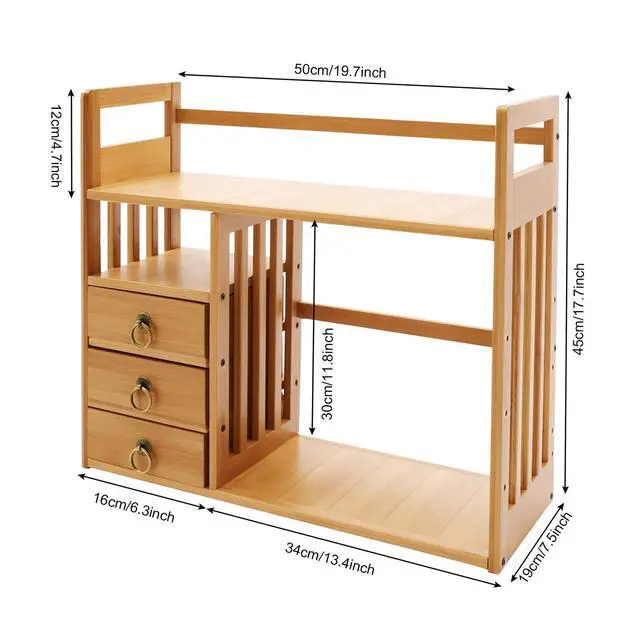 Alt view image 2 of 6 - 2 Tier Bamboo Countertop Bookshelf,Desktop Organizer Shelves with 3 Drawers,Desktop Bookcase for Home Office,Natural