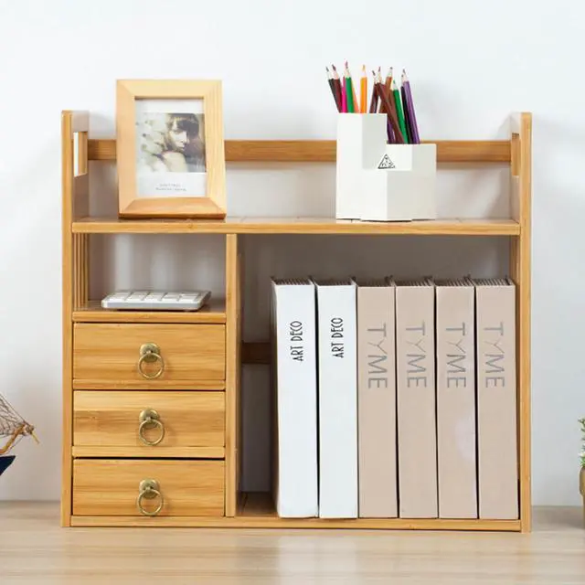 Alt view image 3 of 6 - 2 Tier Bamboo Countertop Bookshelf,Desktop Organizer Shelves with 3 Drawers,Desktop Bookcase for Home Office,Natural