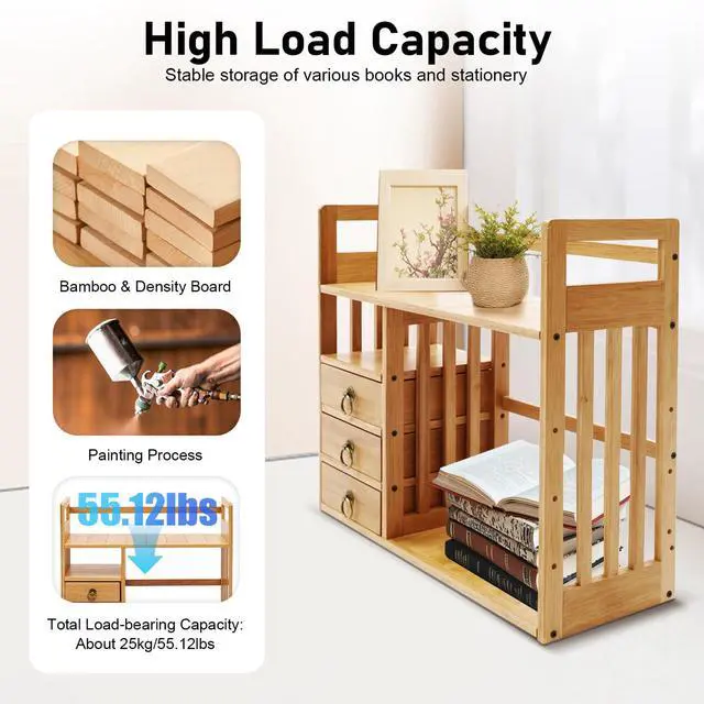 Alt view image 4 of 6 - 2 Tier Bamboo Countertop Bookshelf,Desktop Organizer Shelves with 3 Drawers,Desktop Bookcase for Home Office,Natural
