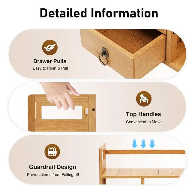 Alt view image 5 of 6 - 2 Tier Bamboo Countertop Bookshelf,Desktop Organizer Shelves with 3 Drawers,Desktop Bookcase for Home Office,Natural