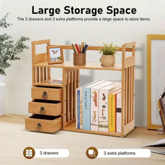 Alt view image 6 of 6 - 2 Tier Bamboo Countertop Bookshelf,Desktop Organizer Shelves with 3 Drawers,Desktop Bookcase for Home Office,Natural