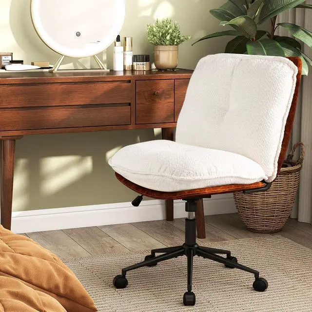 Main image of Criss Cross Chair on Wheels, Armless Comfy Cross Legged Office Chairs with Rocking Backrest, Wide Boucle Seat, Height Adjustable Vanity Accent Desk Chair for Home Office, White