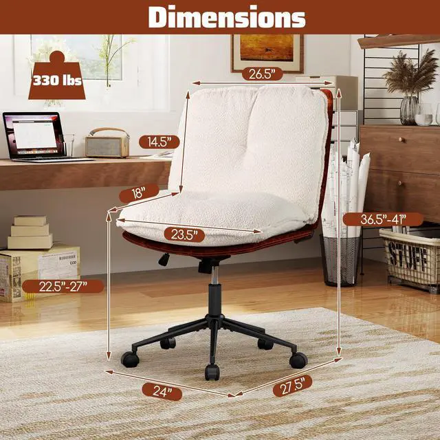 Alt view image 2 of 6 - Criss Cross Chair on Wheels, Armless Comfy Cross Legged Office Chairs with Rocking Backrest, Wide Boucle Seat, Height Adjustable Vanity Accent Desk Chair for Home Office, White