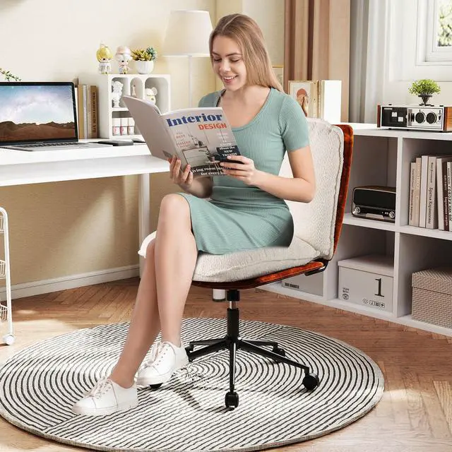 Alt view image 3 of 6 - Criss Cross Chair on Wheels, Armless Comfy Cross Legged Office Chairs with Rocking Backrest, Wide Boucle Seat, Height Adjustable Vanity Accent Desk Chair for Home Office, White