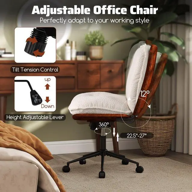 Alt view image 4 of 6 - Criss Cross Chair on Wheels, Armless Comfy Cross Legged Office Chairs with Rocking Backrest, Wide Boucle Seat, Height Adjustable Vanity Accent Desk Chair for Home Office, White