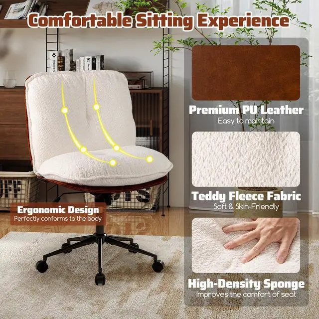Alt view image 5 of 6 - Criss Cross Chair on Wheels, Armless Comfy Cross Legged Office Chairs with Rocking Backrest, Wide Boucle Seat, Height Adjustable Vanity Accent Desk Chair for Home Office, White