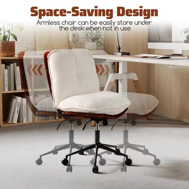 Alt view image 6 of 6 - Criss Cross Chair on Wheels, Armless Comfy Cross Legged Office Chairs with Rocking Backrest, Wide Boucle Seat, Height Adjustable Vanity Accent Desk Chair for Home Office, White