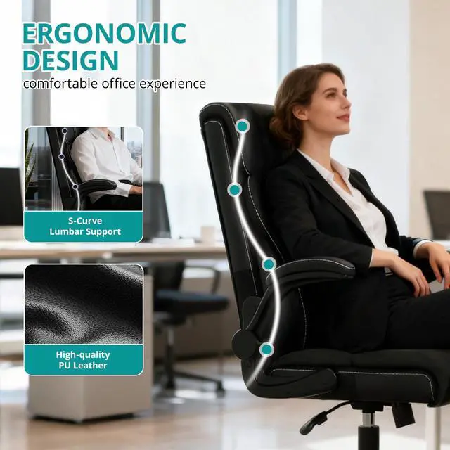 Alt view image 3 of 6 - Office Chair, Ergonomic Computer Desk Chairs, Executive Breathable Leather Chair with Adjustable Flip-up Armrests, Lumbar Support Swivel Rolling Chair for Working Study