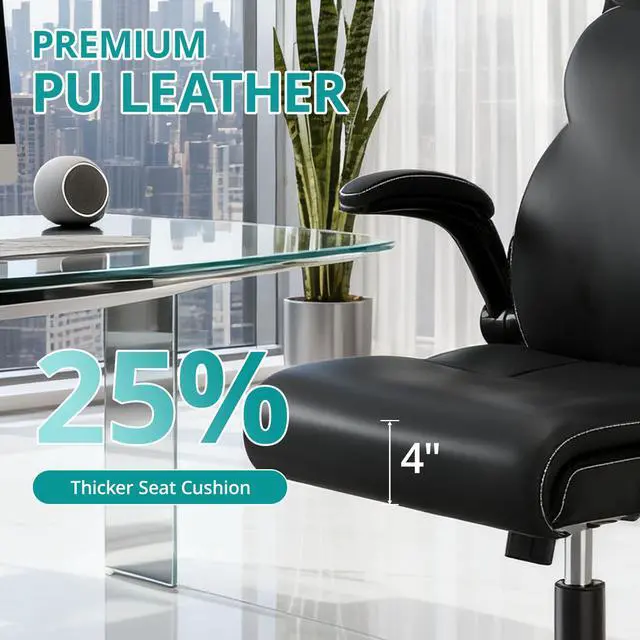 Alt view image 4 of 6 - Office Chair, Ergonomic Computer Desk Chairs, Executive Breathable Leather Chair with Adjustable Flip-up Armrests, Lumbar Support Swivel Rolling Chair for Working Study