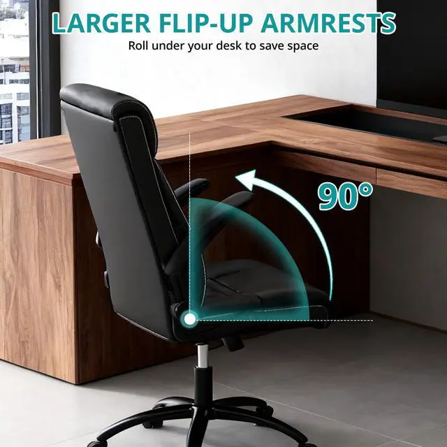 Alt view image 5 of 6 - Office Chair, Ergonomic Computer Desk Chairs, Executive Breathable Leather Chair with Adjustable Flip-up Armrests, Lumbar Support Swivel Rolling Chair for Working Study