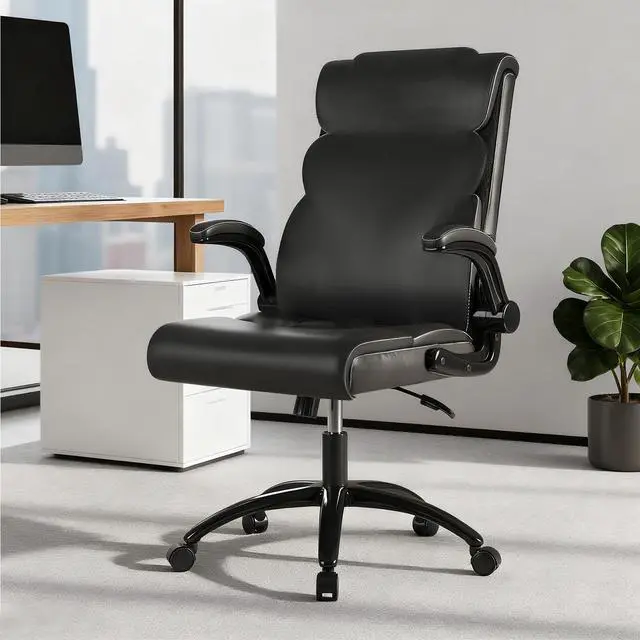 Alt view image 6 of 6 - Office Chair, Ergonomic Computer Desk Chairs, Executive Breathable Leather Chair with Adjustable Flip-up Armrests, Lumbar Support Swivel Rolling Chair for Working Study