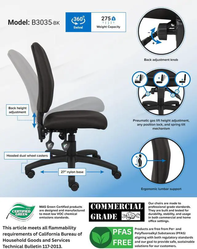 Alt view image 4 of 6 - Multi-Function Fabric Task Chair Without Arms in Black (B3035-BK)