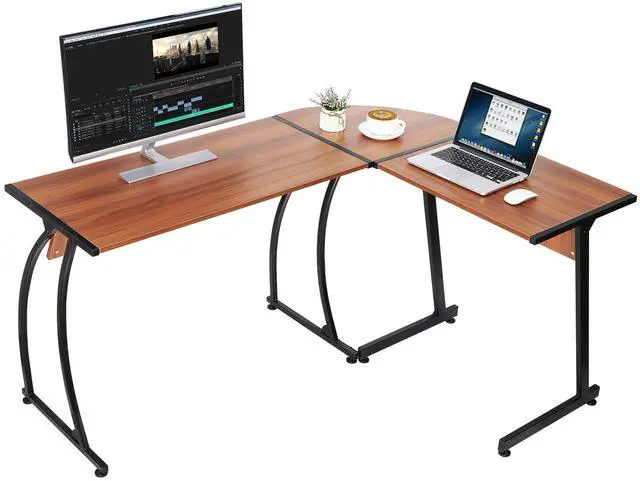 Main image of Modern L-Shaped Home Office Desk with Round Corner Computer Desk Gaming Writing PC Laptop Workstation with Solid Steel Frame Desktop (Walnut)