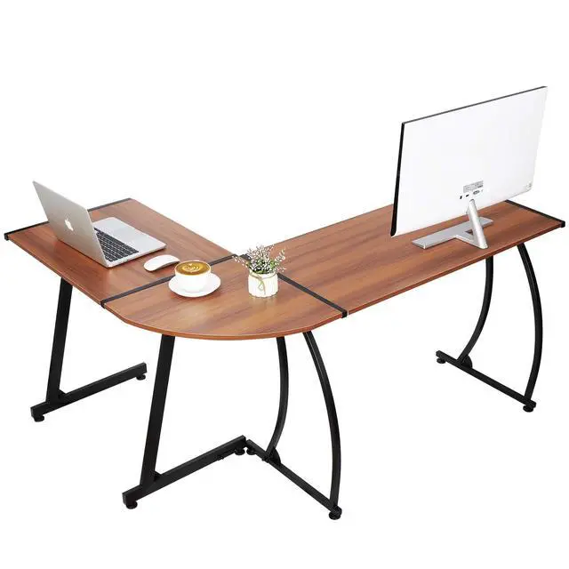 Alt view image 3 of 6 - Modern L-Shaped Home Office Desk with Round Corner Computer Desk Gaming Writing PC Laptop Workstation with Solid Steel Frame Desktop (Walnut)