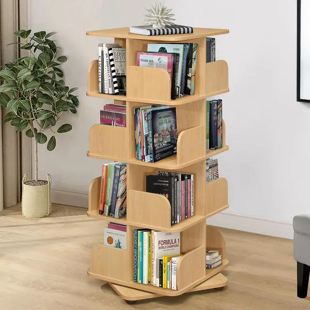 Alt view image 2 of 6 - 4-Tier Revolving Bookcase Bookshelf, Media Storage Cabinet, Natural