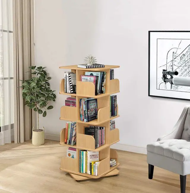 Alt view image 4 of 6 - 4-Tier Revolving Bookcase Bookshelf, Media Storage Cabinet, Natural