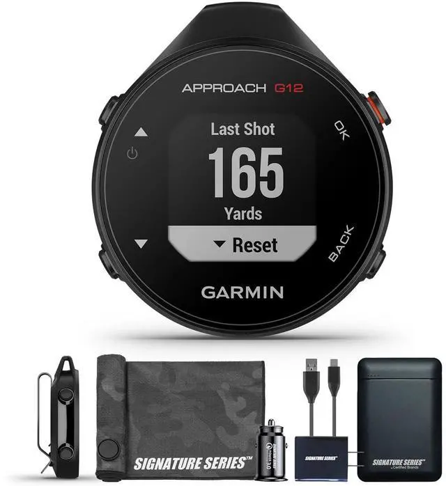 Main image of Garmin Approach G12 Golfing Handheld | Preloaded with 42k CourseView Maps | Scorekeeping Functionality | Uploads Scores to Garmin Golf App | Sunlight Readable Display with Signature Stand Power Bundle
