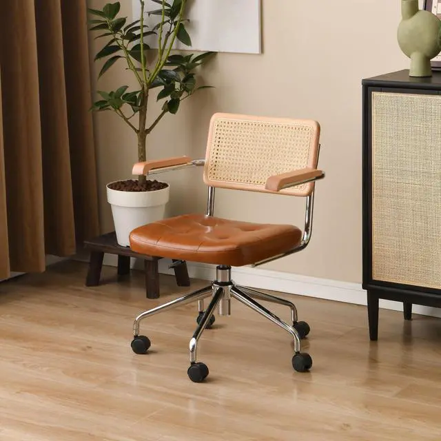 Main image of 360° Free Swivel Desk Chair, Home Office Chairs with Natural Back Wood Armrest, Rattan Office Chairs Upholstered Tufted for Home Ofice, Study, Bedroom
