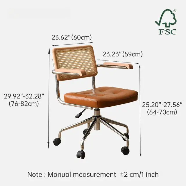 Alt view image 2 of 6 - 360° Free Swivel Desk Chair, Home Office Chairs with Natural Back Wood Armrest, Rattan Office Chairs Upholstered Tufted for Home Ofice, Study, Bedroom