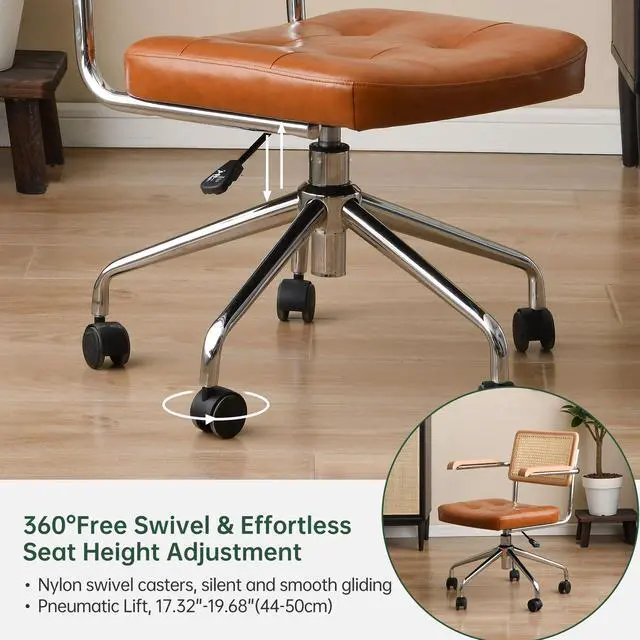 Alt view image 3 of 6 - 360° Free Swivel Desk Chair, Home Office Chairs with Natural Back Wood Armrest, Rattan Office Chairs Upholstered Tufted for Home Ofice, Study, Bedroom