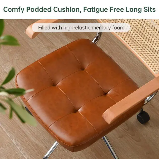 Alt view image 4 of 6 - 360° Free Swivel Desk Chair, Home Office Chairs with Natural Back Wood Armrest, Rattan Office Chairs Upholstered Tufted for Home Ofice, Study, Bedroom