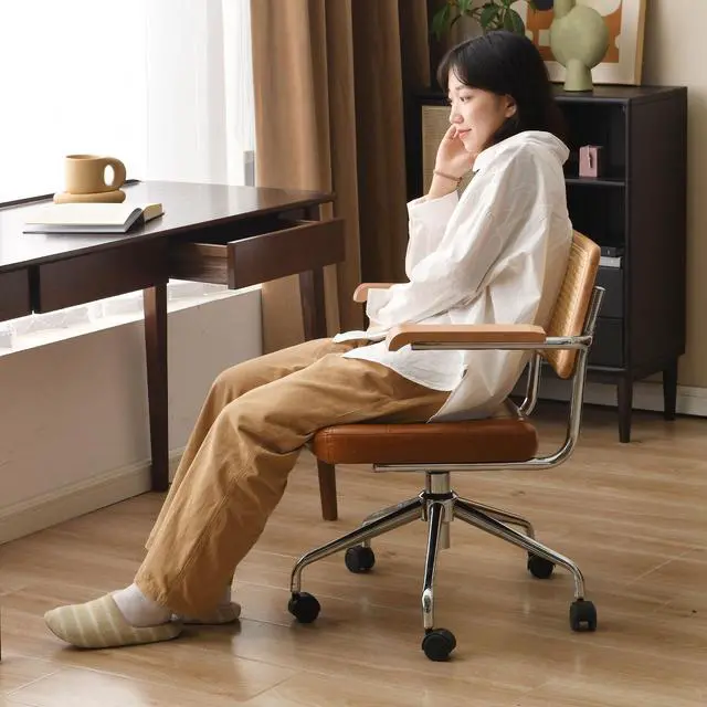 Alt view image 5 of 6 - 360° Free Swivel Desk Chair, Home Office Chairs with Natural Back Wood Armrest, Rattan Office Chairs Upholstered Tufted for Home Ofice, Study, Bedroom