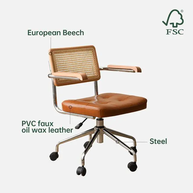 Alt view image 6 of 6 - 360° Free Swivel Desk Chair, Home Office Chairs with Natural Back Wood Armrest, Rattan Office Chairs Upholstered Tufted for Home Ofice, Study, Bedroom