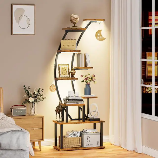 Main image of Bookshelf with Lights - 63" Tall Unique Bookshelves, 9-Tier Book Shelf for Collectibles, Black Display Shelf with Light, Half-Moon Ladder Book Stands for Bedroom Living Room, Rustic Brown