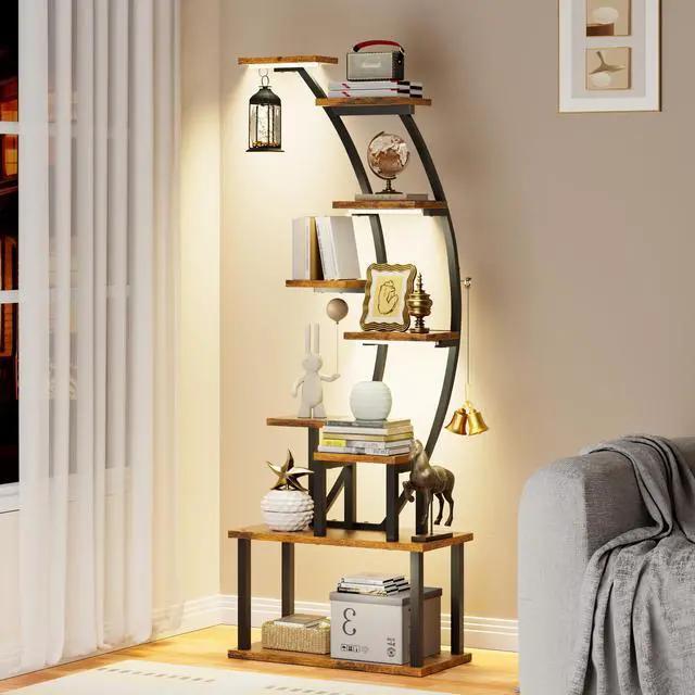 Alt view image 3 of 6 - Bookshelf with Lights - 63" Tall Unique Bookshelves, 9-Tier Book Shelf for Collectibles, Black Display Shelf with Light, Half-Moon Ladder Book Stands for Bedroom Living Room, Rustic Brown