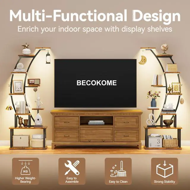 Alt view image 5 of 6 - Bookshelf with Lights - 63" Tall Unique Bookshelves, 9-Tier Book Shelf for Collectibles, Black Display Shelf with Light, Half-Moon Ladder Book Stands for Bedroom Living Room, Rustic Brown