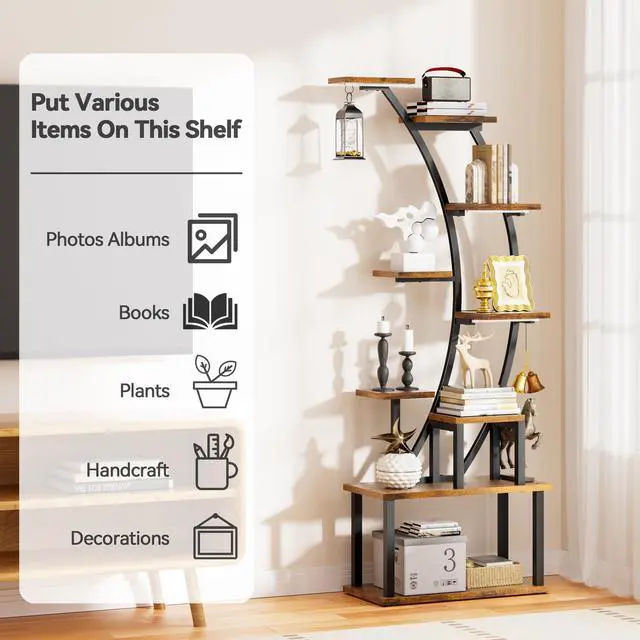 Alt view image 6 of 6 - Bookshelf with Lights - 63" Tall Unique Bookshelves, 9-Tier Book Shelf for Collectibles, Black Display Shelf with Light, Half-Moon Ladder Book Stands for Bedroom Living Room, Rustic Brown