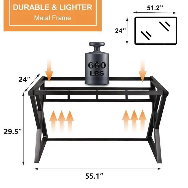Alt view image 2 of 6 - NA Tempered Glass Computer Desk with X-Shaped Metal Frame, Fashion Modern Design Writing and Study Desk, Work Desk for Home Office (55.1 inch)
