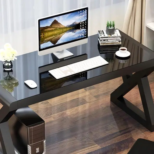 Alt view image 3 of 6 - NA Tempered Glass Computer Desk with X-Shaped Metal Frame, Fashion Modern Design Writing and Study Desk, Work Desk for Home Office (55.1 inch)