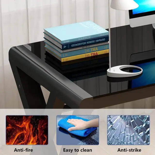 Alt view image 4 of 6 - NA Tempered Glass Computer Desk with X-Shaped Metal Frame, Fashion Modern Design Writing and Study Desk, Work Desk for Home Office (55.1 inch)