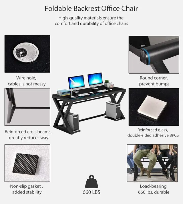 Alt view image 6 of 6 - NA Tempered Glass Computer Desk with X-Shaped Metal Frame, Fashion Modern Design Writing and Study Desk, Work Desk for Home Office (55.1 inch)