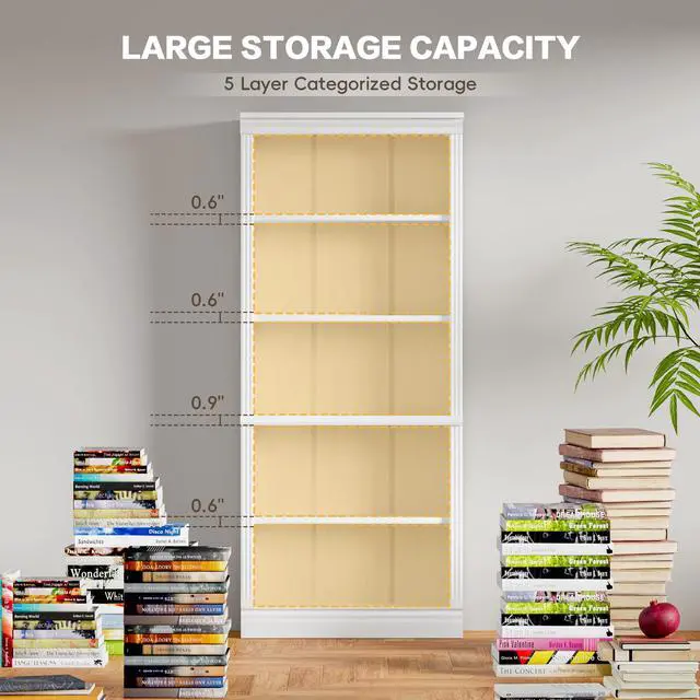 Alt view image 3 of 6 - 72" Bookcase and Bookshelf, 5-Tier Wood Bookcases with Shelves, Tall Floor Standing Book Shelf Storage Cabinet Home Decor Furniture for Living Room, Home Office 1 Pcs, White