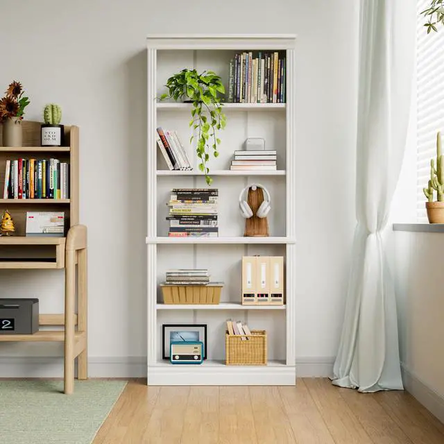 Alt view image 4 of 6 - 72" Bookcase and Bookshelf, 5-Tier Wood Bookcases with Shelves, Tall Floor Standing Book Shelf Storage Cabinet Home Decor Furniture for Living Room, Home Office 1 Pcs, White