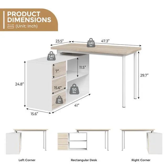 Alt view image 2 of 6 - Thickened L-Shaped Desk,47/53-inch Corner Desk with Drawers and Open Shelves,Adjustable Office Desk for Personal Studios/Small Spaces/Students,Light Walnut