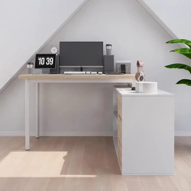 Alt view image 3 of 6 - Thickened L-Shaped Desk,47/53-inch Corner Desk with Drawers and Open Shelves,Adjustable Office Desk for Personal Studios/Small Spaces/Students,Light Walnut