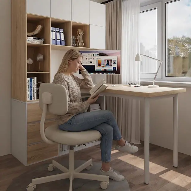Alt view image 4 of 6 - Thickened L-Shaped Desk,47/53-inch Corner Desk with Drawers and Open Shelves,Adjustable Office Desk for Personal Studios/Small Spaces/Students,Light Walnut