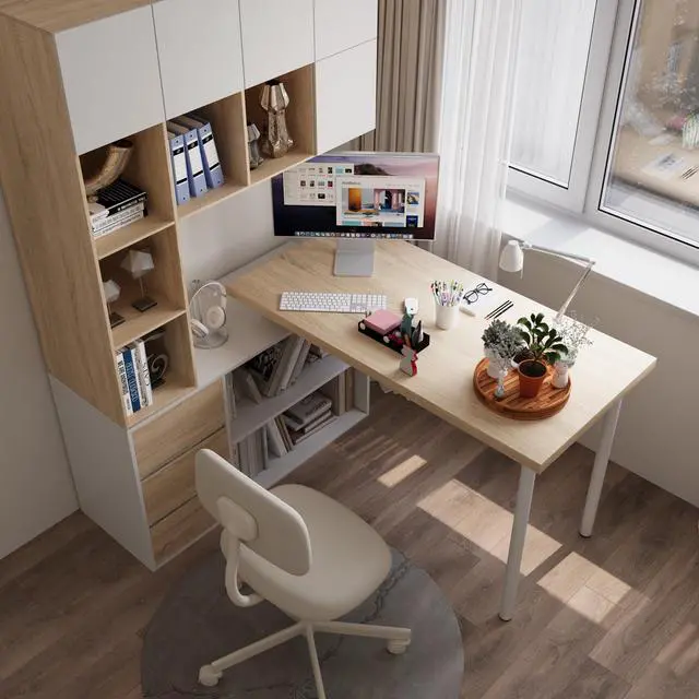 Alt view image 5 of 6 - Thickened L-Shaped Desk,47/53-inch Corner Desk with Drawers and Open Shelves,Adjustable Office Desk for Personal Studios/Small Spaces/Students,Light Walnut