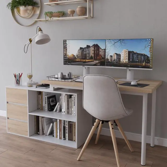Alt view image 6 of 6 - Thickened L-Shaped Desk,47/53-inch Corner Desk with Drawers and Open Shelves,Adjustable Office Desk for Personal Studios/Small Spaces/Students,Light Walnut
