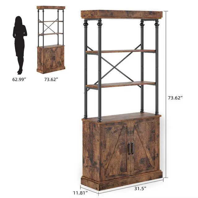 Alt view image 2 of 6 - Tall Bookshelf with Doors 73.62in Industrial Storage Open Rack Shelf with Cabinet Wood and Metal Bookcase Farmhouse Bookshelves Large Vintage Display Rack Home Office