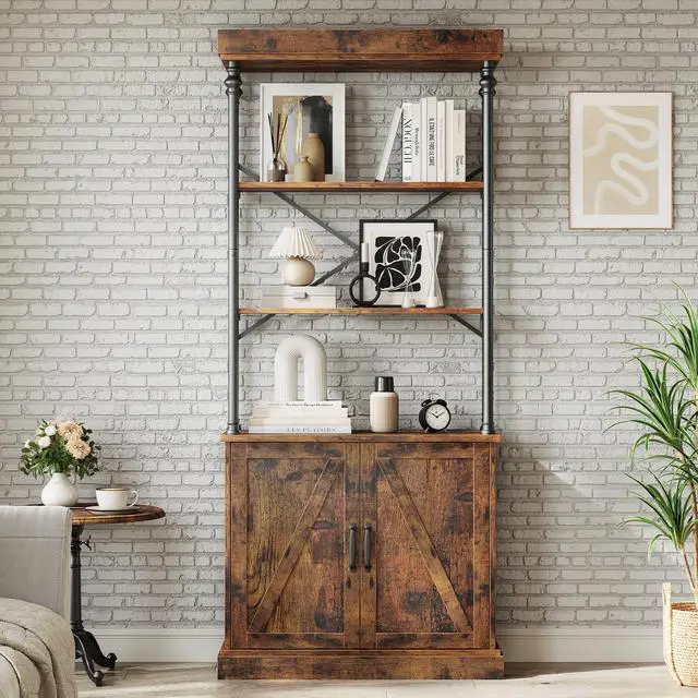 Alt view image 3 of 6 - Tall Bookshelf with Doors 73.62in Industrial Storage Open Rack Shelf with Cabinet Wood and Metal Bookcase Farmhouse Bookshelves Large Vintage Display Rack Home Office