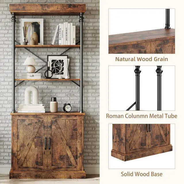 Alt view image 4 of 6 - Tall Bookshelf with Doors 73.62in Industrial Storage Open Rack Shelf with Cabinet Wood and Metal Bookcase Farmhouse Bookshelves Large Vintage Display Rack Home Office