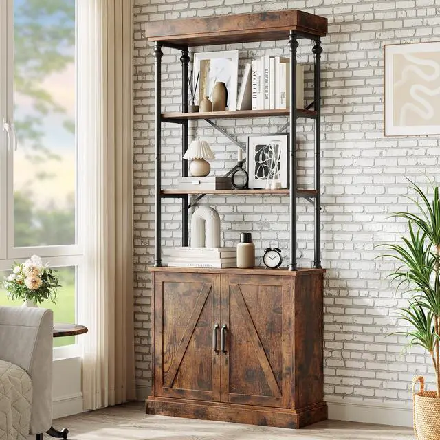 Alt view image 5 of 6 - Tall Bookshelf with Doors 73.62in Industrial Storage Open Rack Shelf with Cabinet Wood and Metal Bookcase Farmhouse Bookshelves Large Vintage Display Rack Home Office