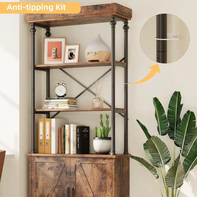 Alt view image 6 of 6 - Tall Bookshelf with Doors 73.62in Industrial Storage Open Rack Shelf with Cabinet Wood and Metal Bookcase Farmhouse Bookshelves Large Vintage Display Rack Home Office