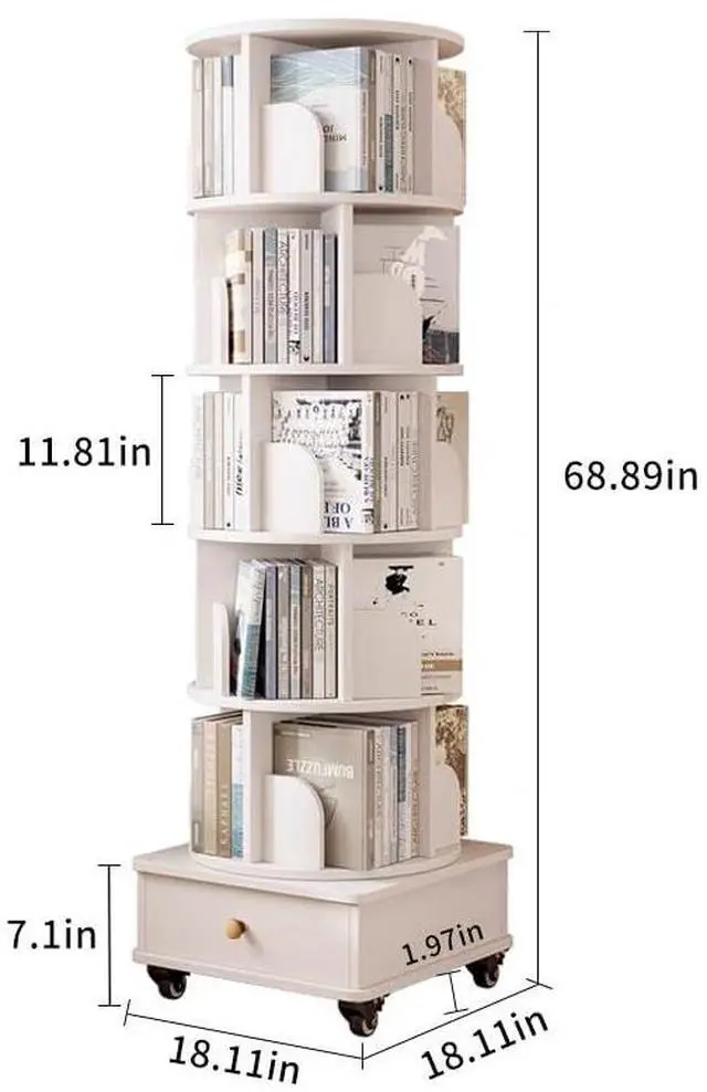 Alt view image 2 of 6 - Rotating Bookshelf 6 Tier, 360° Spinning Bookshelf Tower with Lockable Wheels, Corner Shelf for Small Spaces, Kids Room, Living Room, Bedroom, Office Storage Solution, White Revolving Bookcase