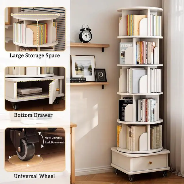 Alt view image 3 of 6 - Rotating Bookshelf 6 Tier, 360° Spinning Bookshelf Tower with Lockable Wheels, Corner Shelf for Small Spaces, Kids Room, Living Room, Bedroom, Office Storage Solution, White Revolving Bookcase