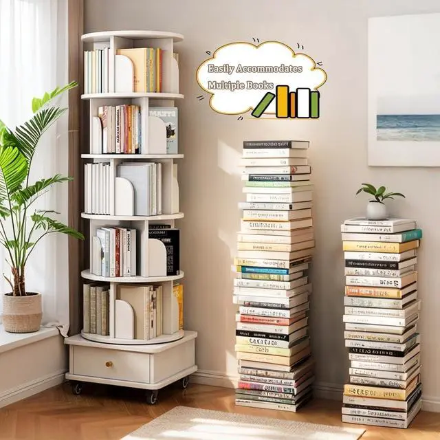 Alt view image 5 of 6 - Rotating Bookshelf 6 Tier, 360° Spinning Bookshelf Tower with Lockable Wheels, Corner Shelf for Small Spaces, Kids Room, Living Room, Bedroom, Office Storage Solution, White Revolving Bookcase